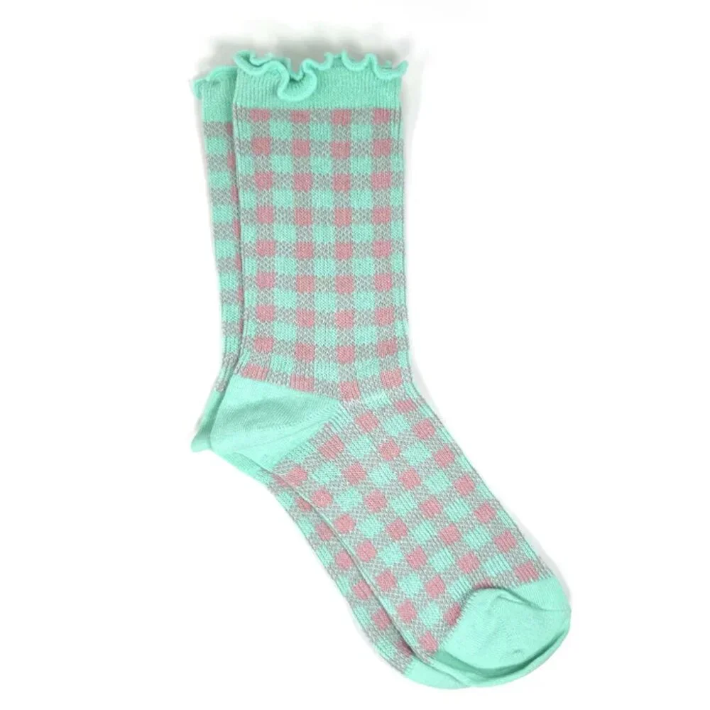 NWT Sweet Cheek Teal Checkered Ruffle Crew Socks - Picture 1 of 5